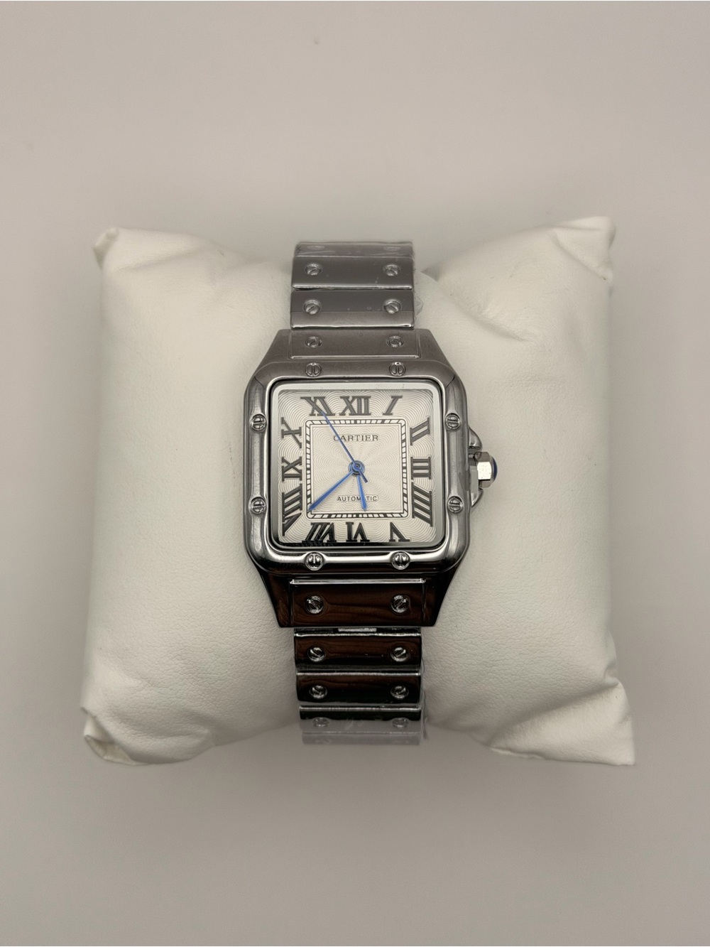 Cartier Santos Stainless Steel Watch with White Dial and Blue Hands